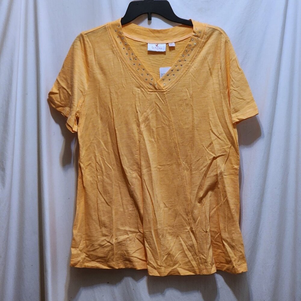 Quacker Factory Orange V-Neck Top Rhinestones Studs Short Sleeve M New